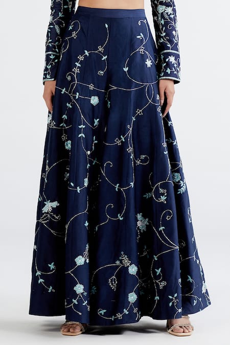 Megha Bansal Blue Silk Chanderi Floral, Pearl, Neel Zoya Embroidered Blouse And Palazzo Set at Aza Fashions Megha Bansal_Blue Silk Chanderi Floral, Pearl, Neel Zoya Embroidered Blouse And Palazzo Set _at_Aza_Fashions