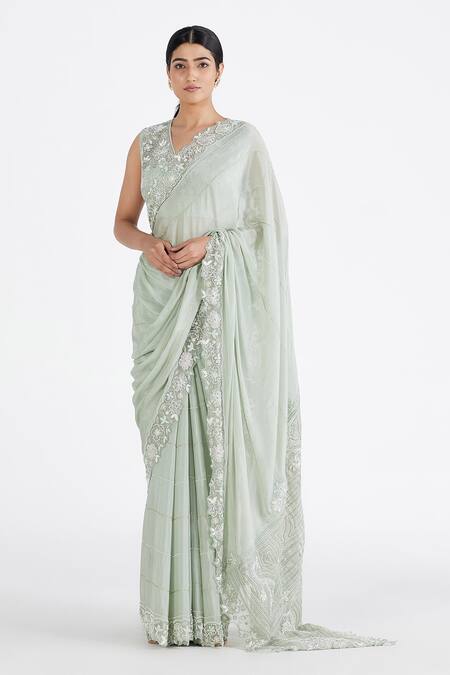 Megha Bansal Green Organza, Chiffon Pearl, Hand Embroidered Saree With Blouse Online at Aza Fashions Megha Bansal_Green Organza, Chiffon Pearl, Hand Embroidered Saree With Blouse _Online_at_Aza_Fashions