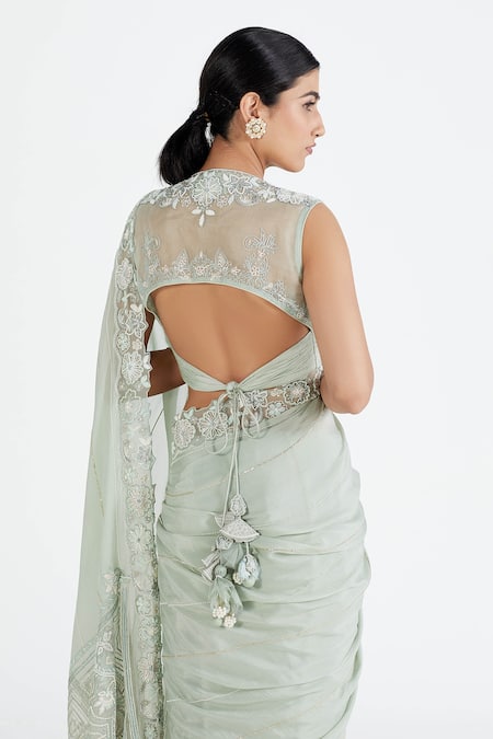 Shop Megha Bansal Green Organza, Chiffon Pearl, Hand Embroidered Saree With Blouse at Aza Fashions Shop_Megha Bansal_Green Organza, Chiffon Pearl, Hand Embroidered Saree With Blouse _at_Aza_Fashions