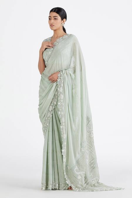 Buy Megha Bansal Green Organza, Chiffon Pearl, Hand Embroidered Saree With Blouse Online at Aza Fashions Buy_Megha Bansal_Green Organza, Chiffon Pearl, Hand Embroidered Saree With Blouse _Online_at_Aza_Fashions