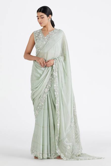 Shop Megha Bansal Green Organza, Chiffon Pearl, Hand Embroidered Saree With Blouse Online at Aza Fashions Shop_Megha Bansal_Green Organza, Chiffon Pearl, Hand Embroidered Saree With Blouse _Online_at_Aza_Fashions