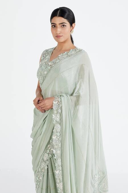 Megha Bansal Green Organza, Chiffon Pearl, Hand Embroidered Saree With Blouse at Aza Fashions Megha Bansal_Green Organza, Chiffon Pearl, Hand Embroidered Saree With Blouse _at_Aza_Fashions