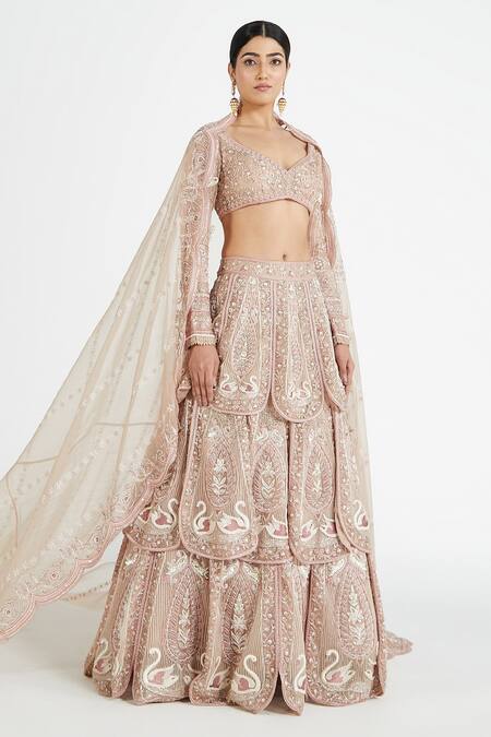 Megha Bansal Pink Silk Organza Floral, Pearl, Hamsa Petal Embroidered Bridal Lehenga Set Online at Aza Fashions Megha Bansal_Pink Silk Organza Floral, Pearl, Hamsa Petal Embroidered Bridal Lehenga Set _Online_at_Aza_Fashions