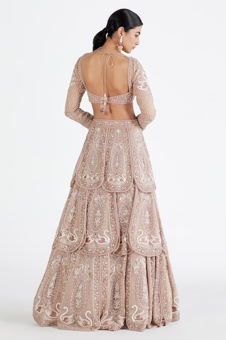 Shop Megha Bansal Pink Silk Organza Floral, Pearl, Hamsa Petal Embroidered Bridal Lehenga Set at Aza Fashions Shop_Megha Bansal_Pink Silk Organza Floral, Pearl, Hamsa Petal Embroidered Bridal Lehenga Set _at_Aza_Fashions