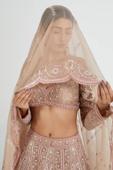 Shop Megha Bansal Pink Silk Organza Floral, Pearl, Hamsa Petal Embroidered Bridal Lehenga Set Online at Aza Fashions Shop_Megha Bansal_Pink Silk Organza Floral, Pearl, Hamsa Petal Embroidered Bridal Lehenga Set _Online_at_Aza_Fashions