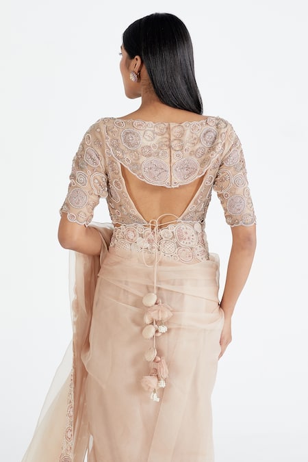 Shop Megha Bansal Peach Organza, Chanderi Amaira Vrit Embroidered Saree With Blouse at Aza Fashions Shop_Megha Bansal_Peach Organza, Chanderi Amaira Vrit Embroidered Saree With Blouse _at_Aza_Fashions