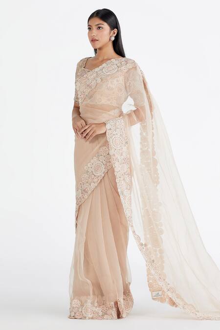 Buy Megha Bansal Peach Organza, Chanderi Amaira Vrit Embroidered Saree With Blouse Online at Aza Fashions Buy_Megha Bansal_Peach Organza, Chanderi Amaira Vrit Embroidered Saree With Blouse _Online_at_Aza_Fashions