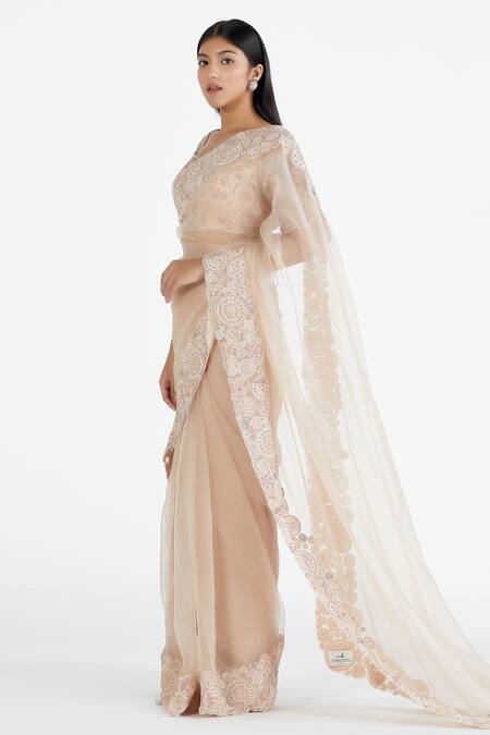 Shop Megha Bansal Peach Organza, Chanderi Amaira Vrit Embroidered Saree With Blouse Online at Aza Fashions Shop_Megha Bansal_Peach Organza, Chanderi Amaira Vrit Embroidered Saree With Blouse _Online_at_Aza_Fashions