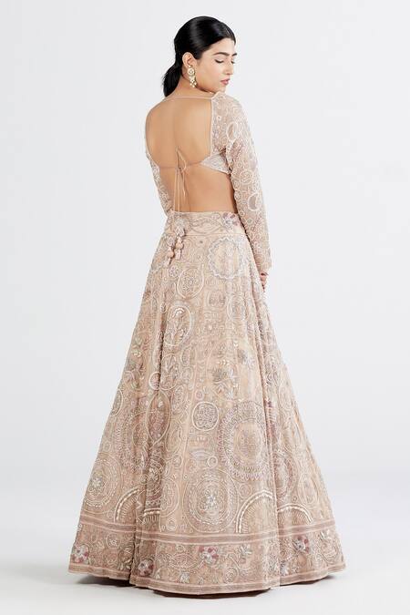 Shop_Megha Bansal_Pink Silk Organza Sequin, Thread Work, Ahana Embroidered Bridal Lehenga Set _at_Aza_Fashions