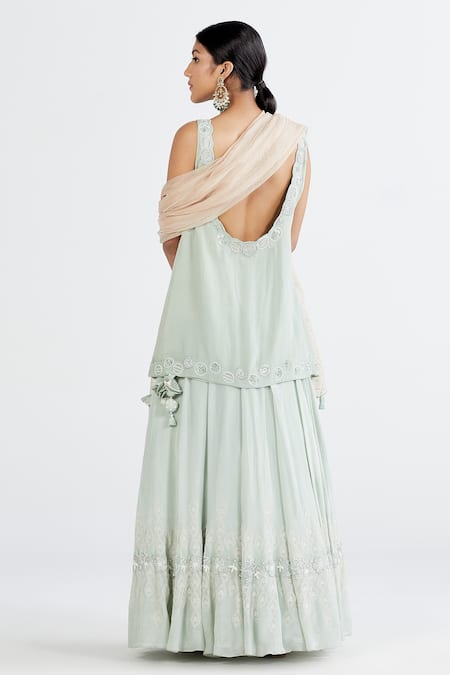 Shop Megha Bansal Blue Crepe, Maharani Net, Chiffon Tara Embroidered Kurta Lehenga Set at Aza Fashions Shop_Megha Bansal_Blue Crepe, Maharani Net, Chiffon Tara Embroidered Kurta Lehenga Set _at_Aza_Fashions