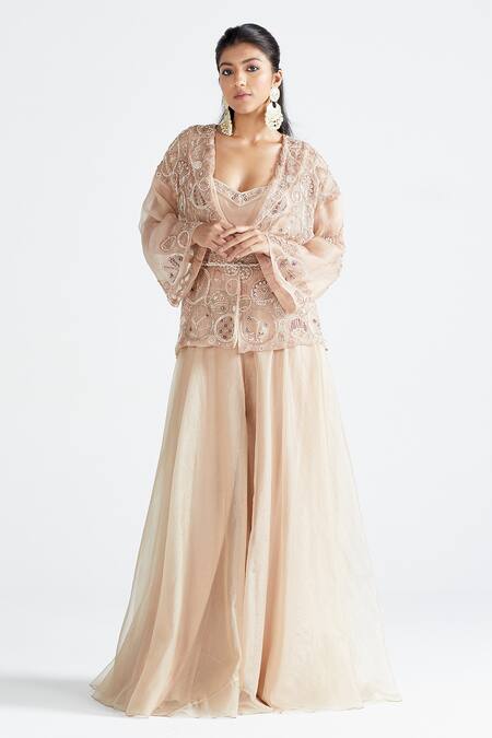 Megha Bansal Pink Organza, Chanderi Vrit Aadh Embroidered Jacket And Kurta Set Online at Aza Fashions Megha Bansal_Pink Organza, Chanderi Vrit Aadh Embroidered Jacket And Kurta Set _Online_at_Aza_Fashions