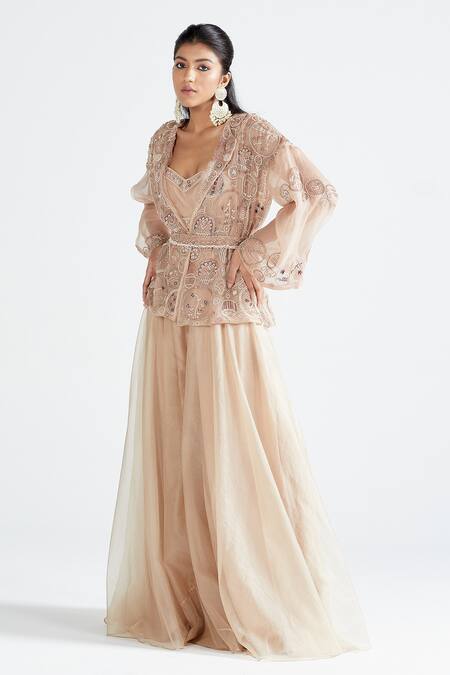 Buy Megha Bansal Pink Organza, Chanderi Vrit Aadh Embroidered Jacket And Kurta Set Online at Aza Fashions Buy_Megha Bansal_Pink Organza, Chanderi Vrit Aadh Embroidered Jacket And Kurta Set _Online_at_Aza_Fashions