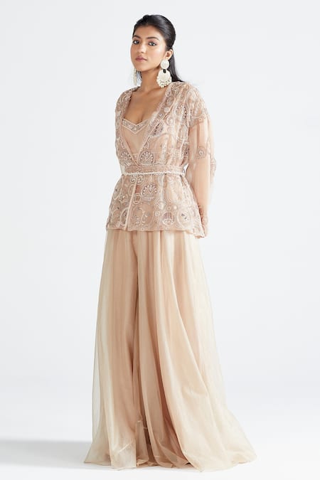 Megha Bansal Pink Organza, Chanderi Vrit Aadh Embroidered Jacket And Kurta Set 