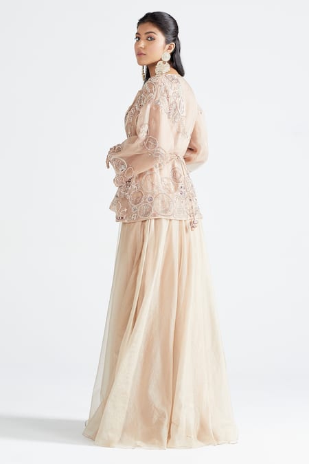 Shop Megha Bansal Pink Organza, Chanderi Vrit Aadh Embroidered Jacket And Kurta Set Online at Aza Fashions Shop_Megha Bansal_Pink Organza, Chanderi Vrit Aadh Embroidered Jacket And Kurta Set _Online_at_Aza_Fashions