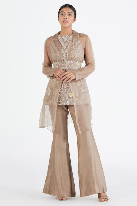 Megha Bansal Pink Organza, Chanderi Jacket Shirt Collar, Kurta Sheer And Set 