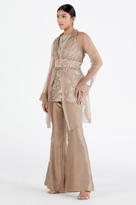 Shop Megha Bansal Pink Organza, Chanderi Jacket Shirt Collar, Kurta Sheer And Set Online at Aza Fashions Shop_Megha Bansal_Pink Organza, Chanderi Jacket Shirt Collar, Kurta Sheer And Set _Online_at_Aza_Fashions