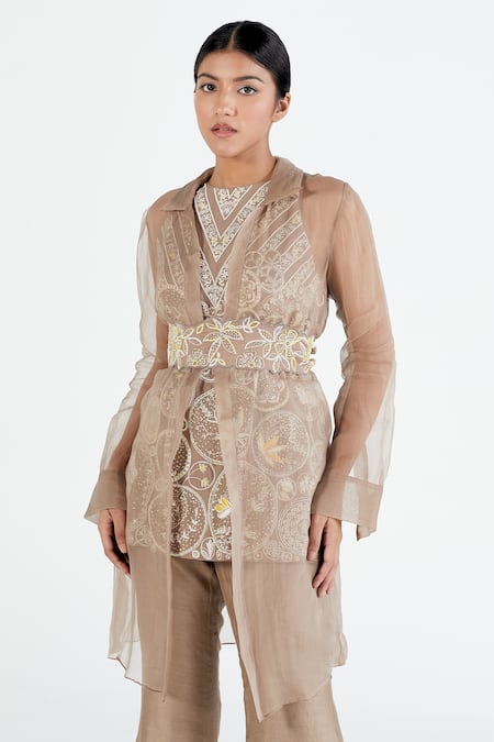 Megha Bansal Pink Organza, Chanderi Jacket Shirt Collar, Kurta Sheer And Set at Aza Fashions Megha Bansal_Pink Organza, Chanderi Jacket Shirt Collar, Kurta Sheer And Set _at_Aza_Fashions