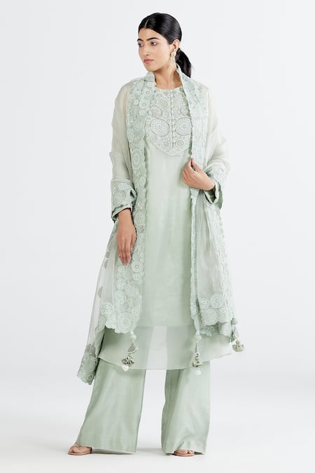 Megha Bansal Green Organza, Chanderi Floral, Indrani Hand Embroidered Kurta Set 