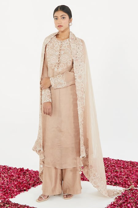 Megha Bansal Pink Organza, Chanderi Floral, Indrani Hand Embroidered Kurta Set 