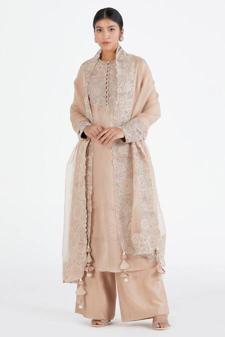 Shop Megha Bansal Pink Organza, Chanderi Floral, Indrani Hand Embroidered Kurta Set Online at Aza Fashions Shop_Megha Bansal_Pink Organza, Chanderi Floral, Indrani Hand Embroidered Kurta Set _Online_at_Aza_Fashions