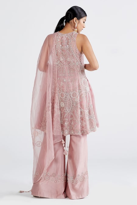 Shop Megha Bansal Pink Organza, Chanderi Floral, Geometric Amira Embroidered Kurta Set at Aza Fashions Shop_Megha Bansal_Pink Organza, Chanderi Floral, Geometric Amira Embroidered Kurta Set _at_Aza_Fashions