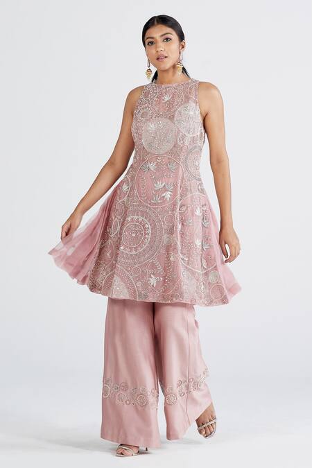 Shop Megha Bansal Pink Organza, Chanderi Floral, Geometric Amira Embroidered Kurta Set Online at Aza Fashions Shop_Megha Bansal_Pink Organza, Chanderi Floral, Geometric Amira Embroidered Kurta Set _Online_at_Aza_Fashions