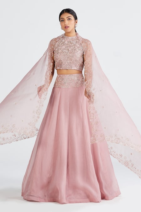 Megha Bansal Pink Organza, Chanderi Floral, Ira Hand Embroidered Bridal Lehenga Set 