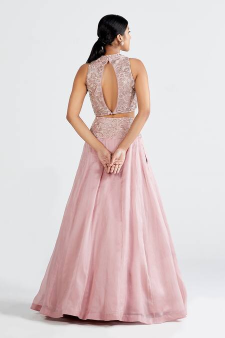 Shop Megha Bansal Pink Organza, Chanderi Floral, Ira Hand Embroidered Bridal Lehenga Set at Aza Fashions Shop_Megha Bansal_Pink Organza, Chanderi Floral, Ira Hand Embroidered Bridal Lehenga Set _at_Aza_Fashions