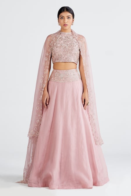 Megha Bansal Pink Organza, Chanderi Floral, Ira Hand Embroidered Bridal Lehenga Set Online at Aza Fashions Megha Bansal_Pink Organza, Chanderi Floral, Ira Hand Embroidered Bridal Lehenga Set _Online_at_Aza_Fashions