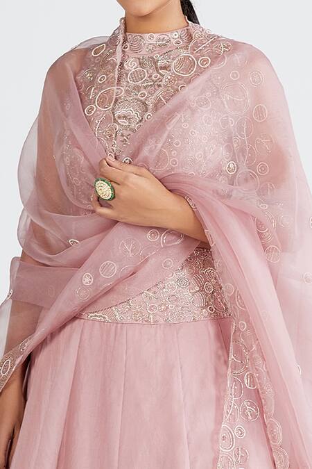 Shop Megha Bansal Pink Organza, Chanderi Floral, Ira Hand Embroidered Bridal Lehenga Set Online at Aza Fashions Shop_Megha Bansal_Pink Organza, Chanderi Floral, Ira Hand Embroidered Bridal Lehenga Set _Online_at_Aza_Fashions