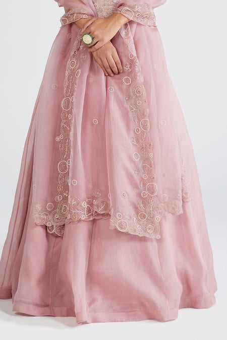 Megha Bansal Pink Organza, Chanderi Floral, Ira Hand Embroidered Bridal Lehenga Set at Aza Fashions Megha Bansal_Pink Organza, Chanderi Floral, Ira Hand Embroidered Bridal Lehenga Set _at_Aza_Fashions