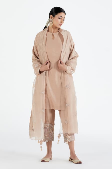 Megha Bansal Pink Organza, Chanderi Floral, Stripes Runa Vrit Embroidered Kurta Set 