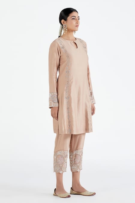 Shop Megha Bansal Pink Organza, Chanderi Floral, Stripes Runa Vrit Embroidered Kurta Set Online at Aza Fashions Shop_Megha Bansal_Pink Organza, Chanderi Floral, Stripes Runa Vrit Embroidered Kurta Set _Online_at_Aza_Fashions