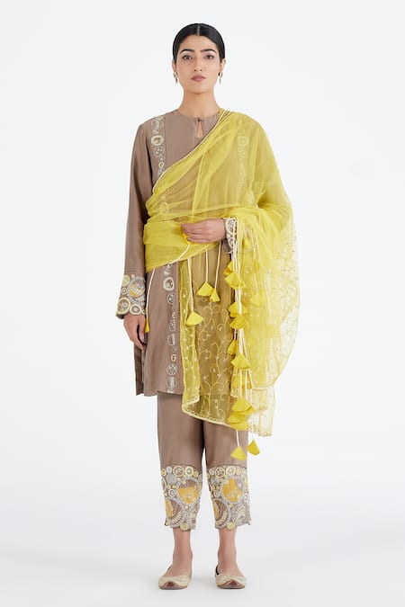 Megha Bansal Grey Organza, Chanderi Floral, Stripes Runa Vrit Embroidered Kurta Set 