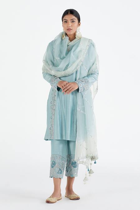 Buy Megha Bansal Blue Organza, Chanderi Floral, Stripes Runa Vrit Embroidered Kurta Set Online at Aza Fashions Buy_Megha Bansal_Blue Organza, Chanderi Floral, Stripes Runa Vrit Embroidered Kurta Set _Online_at_Aza_Fashions