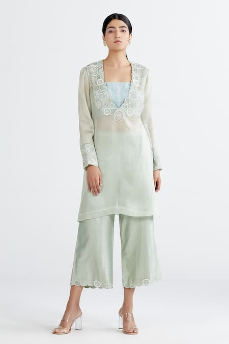 Megha Bansal_Blue Organza, Chanderi Geometric, Sequin Aarzoo Vrit Work Set _Online_at_Aza_Fashions