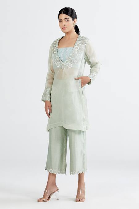 Buy_Megha Bansal_Blue Organza, Chanderi Geometric, Sequin Aarzoo Vrit Work Set _Online_at_Aza_Fashions