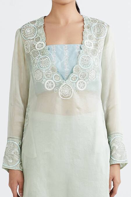 Shop_Megha Bansal_Blue Organza, Chanderi Geometric, Sequin Aarzoo Vrit Work Set _Online_at_Aza_Fashions