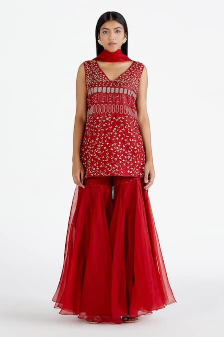 Megha Bansal Red Silk Organza, Maharani Net Cutdana, Zainaab Embroidered Kurta Gharara Set