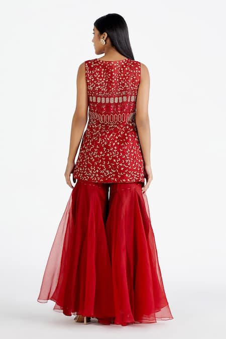 Shop Megha Bansal Red Silk Organza, Maharani Net Cutdana, Zainaab Embroidered Kurta Gharara Set at Aza Fashions Shop_Megha Bansal_Red Silk Organza, Maharani Net Cutdana, Zainaab Embroidered Kurta Gharara Set_at_Aza_Fashions