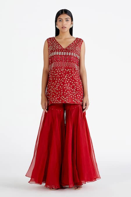 Megha Bansal Red Silk Organza, Maharani Net Cutdana, Zainaab Embroidered Kurta Gharara Set Online at Aza Fashions Megha Bansal_Red Silk Organza, Maharani Net Cutdana, Zainaab Embroidered Kurta Gharara Set_Online_at_Aza_Fashions