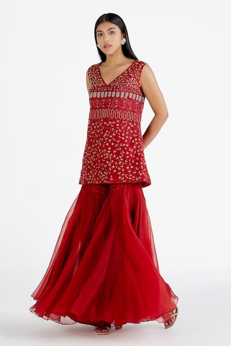 Buy Megha Bansal Red Silk Organza, Maharani Net Cutdana, Zainaab Embroidered Kurta Gharara Set Online at Aza Fashions Buy_Megha Bansal_Red Silk Organza, Maharani Net Cutdana, Zainaab Embroidered Kurta Gharara Set_Online_at_Aza_Fashions