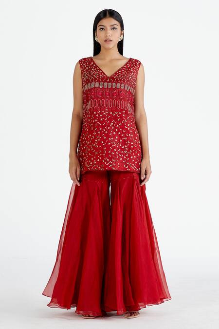 Megha Bansal_Red Silk Organza V Neck Kurta Set _Online_at_Aza_Fashions