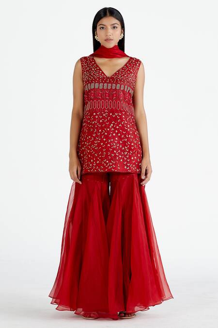 Buy_Megha Bansal_Red Silk Organza V Neck Kurta Set _Online_at_Aza_Fashions