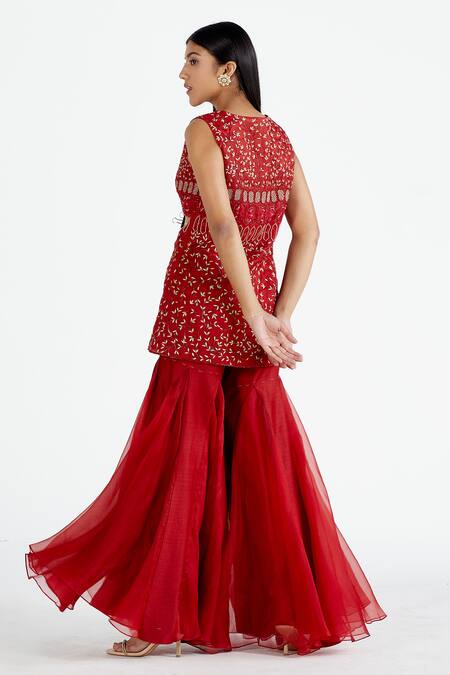 Shop_Megha Bansal_Red Silk Organza V Neck Kurta Set _Online_at_Aza_Fashions