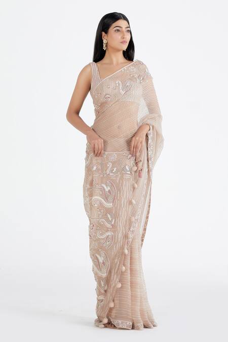 Megha Bansal_Pink Silk Organza Bird Motifs, Stripes Sweetheart Embroidered Saree With Blouse_Online_at_Aza_Fashions