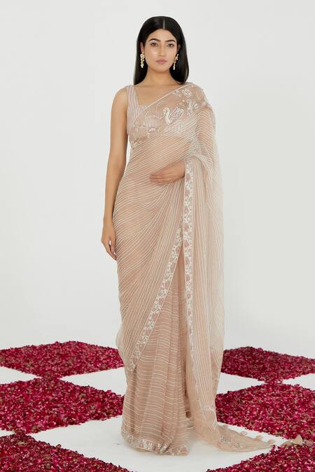Buy_Megha Bansal_Pink Silk Organza Bird Motifs, Stripes Sweetheart Embroidered Saree With Blouse_Online_at_Aza_Fashions