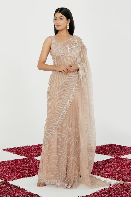 Shop_Megha Bansal_Pink Silk Organza Bird Motifs, Stripes Sweetheart Embroidered Saree With Blouse_Online_at_Aza_Fashions