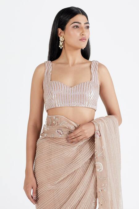 Megha Bansal_Pink Silk Organza Bird Motifs, Stripes Sweetheart Embroidered Saree With Blouse_at_Aza_Fashions