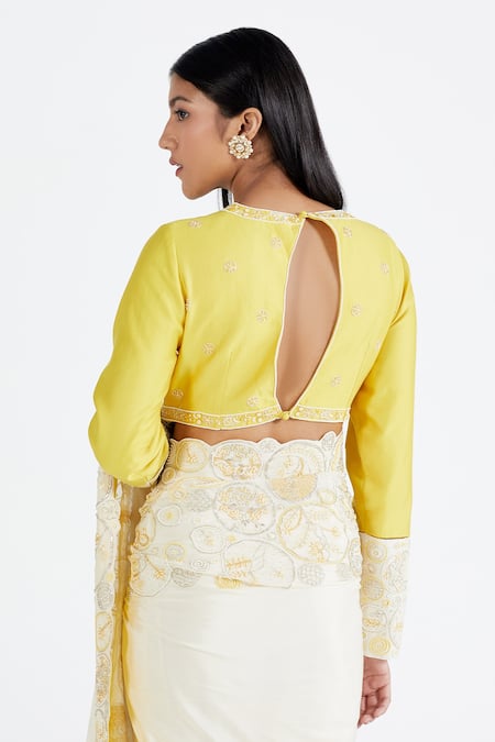 Shop Megha Bansal Yellow Chanderi, Chiffon Reshami Vrit Handcrafted Saree With Blouse at Aza Fashions Shop_Megha Bansal_Yellow Chanderi, Chiffon Reshami Vrit Handcrafted Saree With Blouse_at_Aza_Fashions